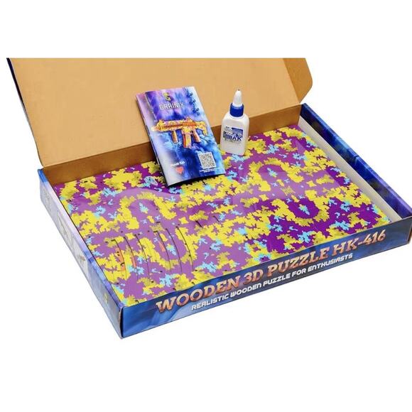 HK-416 Wooden 3D Gun Puzzle Kit GRAINIX DIY Rubber Band Model 202pc Sealed - Picture 3 of 8